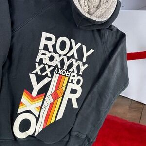 Vintage Roxy Sherpa Hoodie Girls M Black Graphic Back to School Cool‎ Retro